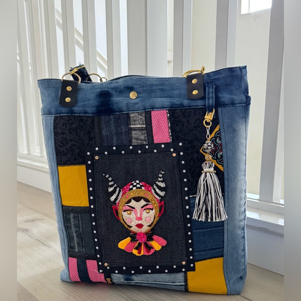 Handmade Upcycled Denim bag Tote “Little Devil Girl” shoulder-tote bag boho chic